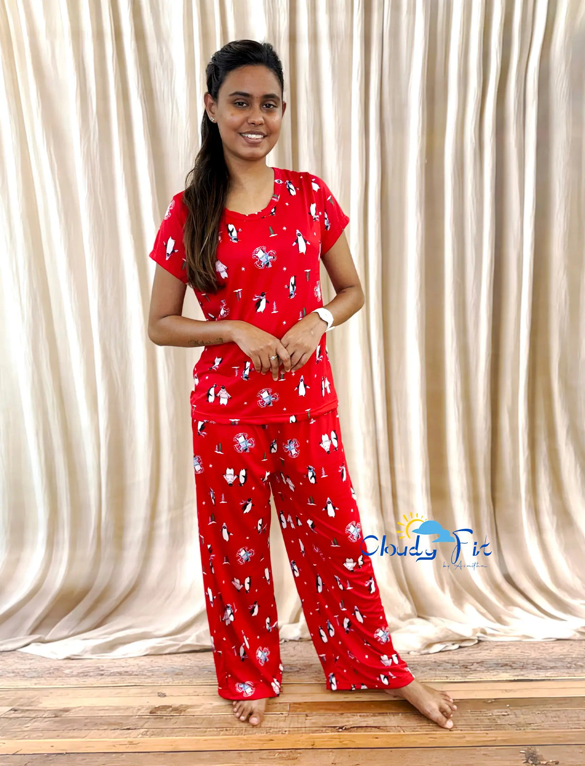 Spun Fabric Red Penguin Palazzo Set
